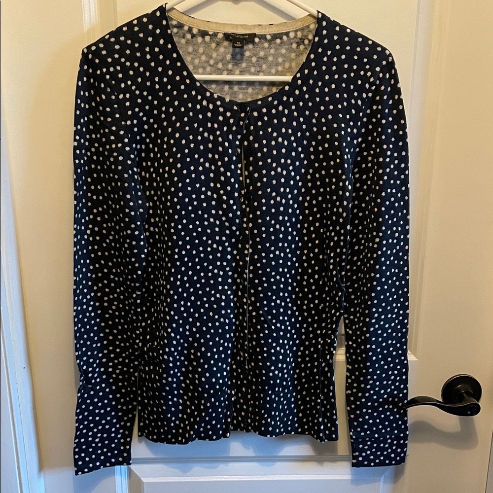 Ann Taylor Navy and White Polka Dot Cardigan